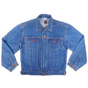 Vintage 80s Womens XL Mens L Blue Denim Jean Jacket Red Button Trucker Pockets